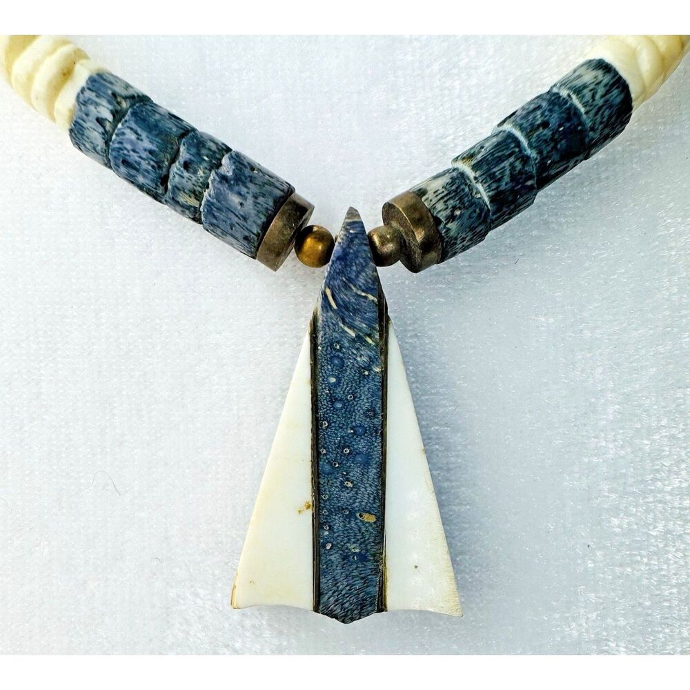 Vintage Bone Horn Pendant Tribal Southwestern Natural Heishi Beads Geometric